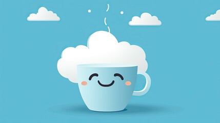Cute coffee cup with face on blue background, perfect for coffee shops and blue monday concept