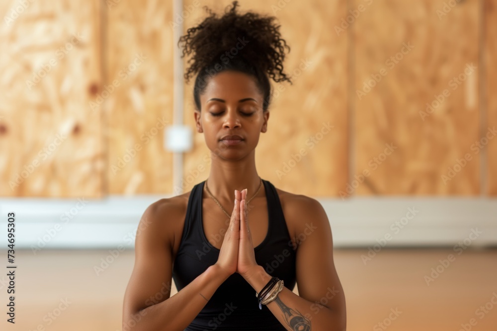 Wall mural female practicing yoga with focus on interlocked fingers