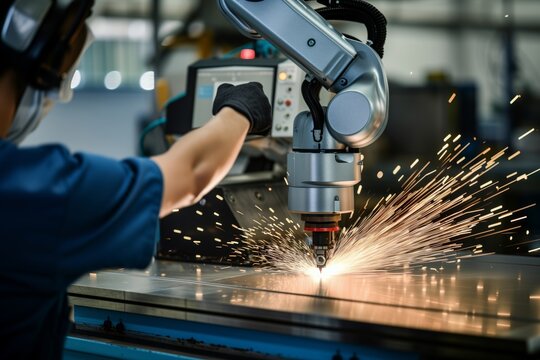 worker monitoring cobot performing precision cutting