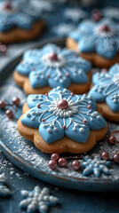 Cookies decorated with icing in a vintage quilt pattern in shades of blue and white. Christmas cookies background.