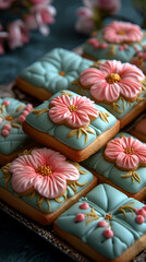 Fototapeta na wymiar Cookies decorated with icing in a vintage quilt pattern in shades of blue and pink.