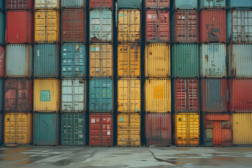 Fototapeta premium perspective view of containers at containers yard with forklift and truck