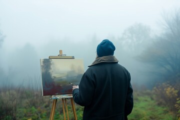 artist with canvas encountering a view obscured by fog - obrazy, fototapety, plakaty