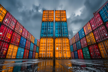 Fototapeta premium perspective view of containers at containers yard with forklift and truck