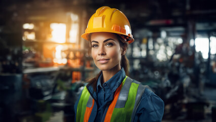 A Women Factory machine Operator in safety gear stands amidst a modern, automated manufacturing facility. The vibrant machinery and organised environment highlight efficiency and innovation