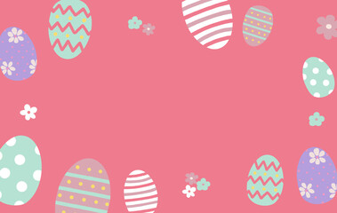 Colorful Easter eggs pattern frame template with flowers in pink background. white hoilday invitation greeting card party happy copy space
