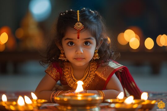 Glowing Goddess: A Little Girl Adorned in Gold and Jewels for Diwali Generative AI