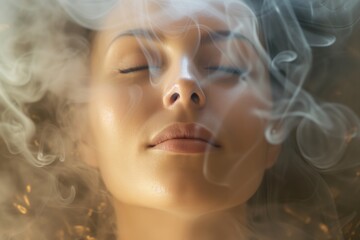 female face amidst aromatic steam, eyes closed, relaxed expression - obrazy, fototapety, plakaty