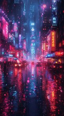 Fototapeta premium Neon Cityscape: A Rainy Night in the City of Lights Generative AI