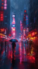 Rainy Night in Chinatown: Colorful Lights and Umbrellas Generative AI