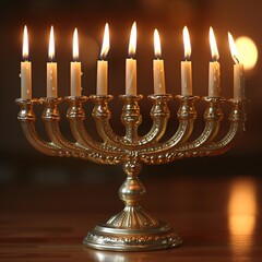 Fototapeta premium Holiday Glow: A Golden Menorah Illuminates the Table Generative AI