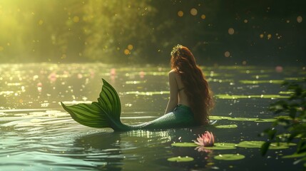 Beautiful mermaid in the lake in the morning. Fairy tale