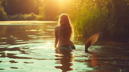 Beautiful mermaid in the lake in the morning. Fairy tale - obrazy, fototapety, plakaty