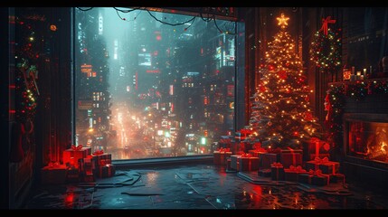 Neon Cityscape at Night: A Glowing Christmas Tree in the Heart of the City Generative AI