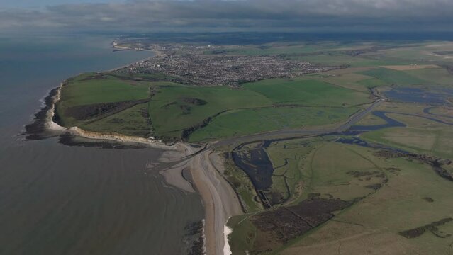Aerial shot over cuckmere haven and seaford town