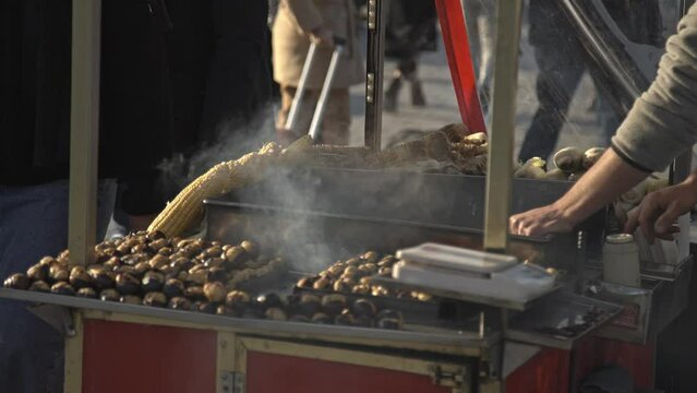 Popular Street Food in Istanbul: Roasted Corn and Chestnuts in Cart	