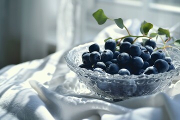 A crystal-clear glass bowl filled with sweet blueberries, set against a backdrop of white linens in a beachside cottage