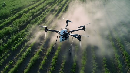 Fototapeta premium An agricultural drone from above working over field, Fumigating spreading steam, Top view.