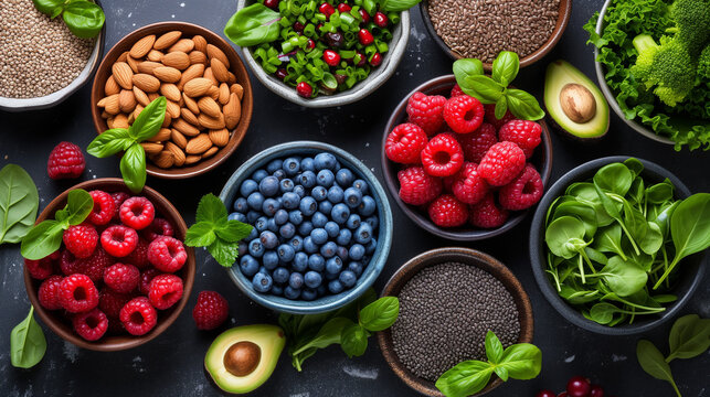 Display of superfoods and cancer fighting natural ingredients. Berries, nuts, greens and seeds.