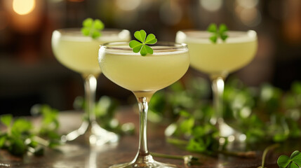 Clover infused green cocktails for Saint Patricks Day holiday.