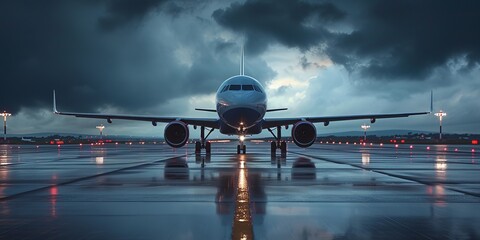 A Commercial Airplane Standing on Rainy Runway With Dramatic Background Lighting