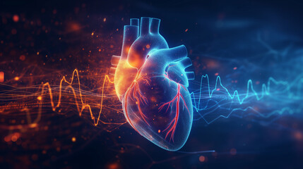 Digital illustration of human heartbeat with waves. - obrazy, fototapety, plakaty