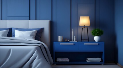 Blue bedside cabinet near bed interior design of modern bedroom