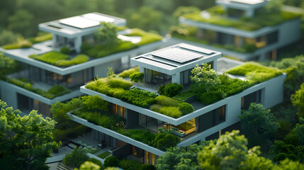 Sustainable green building. Eco-friendly building. Sustainable glass office building with tree for reducing carbon dioxide. Office with green environment. Corporate building reduce CO2. Safety glass.