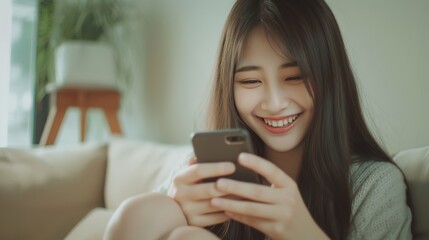 Fototapeta premium beautiful young asian woman looking happy uses a smart mobile phone on sofa in living room interior