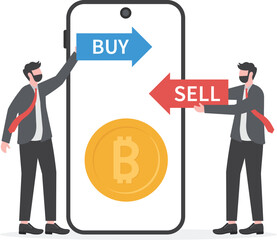 Businessmen analyze the stock market on a laptop, buy and sell bitcoin. Flat vector illustration concept design.

