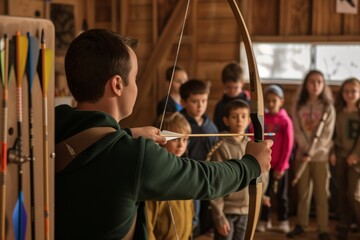 young members learning archery from an expert