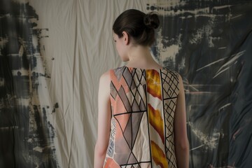 woman in a dress with geometric patterns against a contrasting backdrop