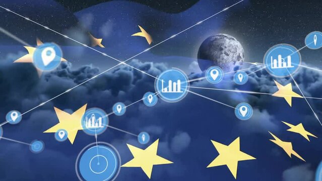Animation of data and media communication network over globe, cloudy sky and european union flag
