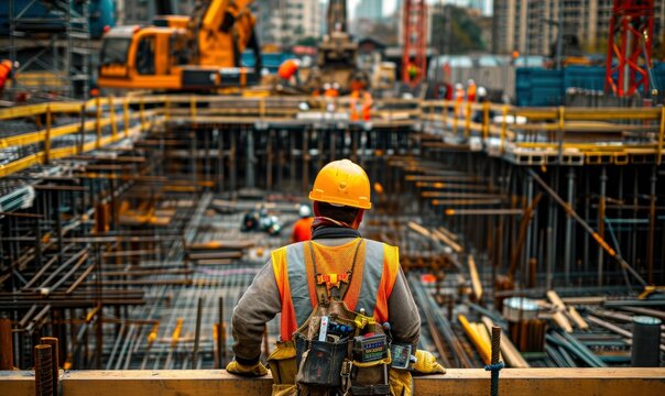 Construction worker doing iron works on a huge constructions  site. Hard work on buildings work