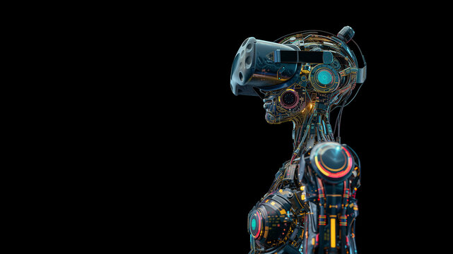 A female cyborg robot wearing a VR headset