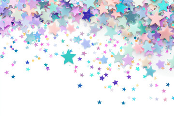 Background with pastel colorful confetti, star shaped with copy space