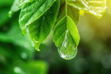 Fototapeta premium Reducing carbon within water droplets on green leaves to reduce CO2.