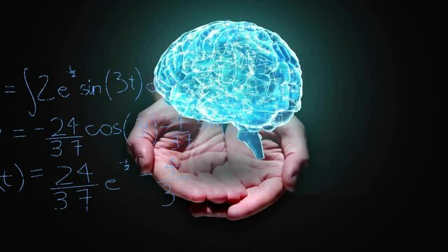 Animation of caucasian hands and glowing brain over mathematical equations on black