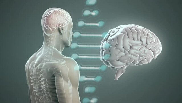 Animation of dna strand over cross section of male body and brain on grey background