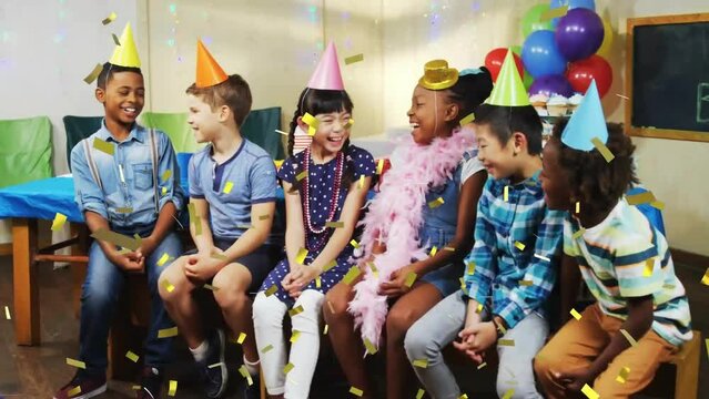 Animation of gold confetti over happy diverse children celebrating at birthday party