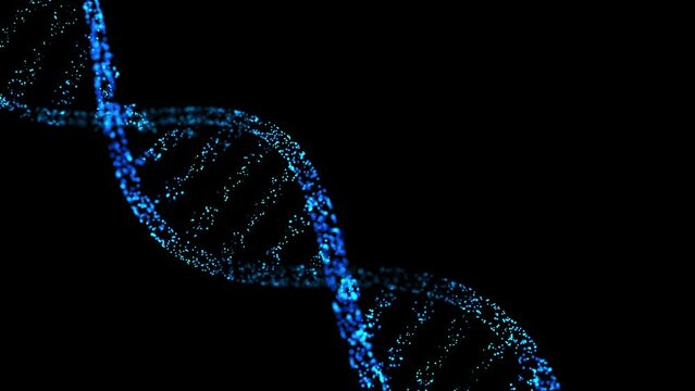 DNA double helix rotating. Abstract glittering DNA molecule from particles. Selective focal of dna. Can be used in Genom futuristic footage, Science or cosmetics industry background. 3D Render.
