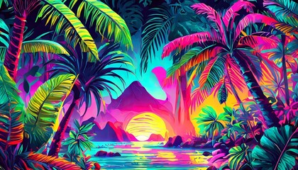 tropical island with palm trees, Colorful Neon Light Tropical Jungle Plants in a Dreamlike Enchanting Scenery