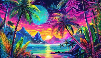 Fototapeta na wymiar tropical island with palm trees wallpaper Colorful Neon Light Tropical Jungle Plants in a Dreamlike Enchanting Scenery