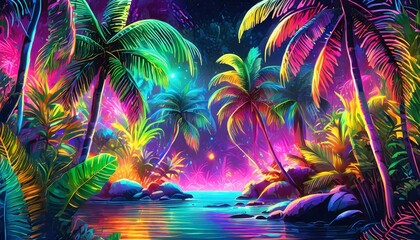Fototapeta na wymiar tropical jungle wallpaper Colorful Neon Light Tropical Jungle Plants in a Dreamlike Enchanting Scenery
