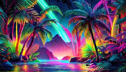 Fototapeta na wymiar tropical palm tree, Colorful Neon Light Tropical Jungle Plants in a Dreamlike Enchanting Scenery