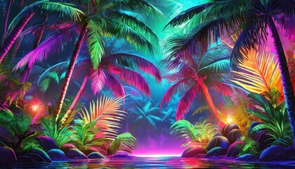 Fototapeta na wymiar trees and Colorful Neon Light Tropical Jungle Plants in a Dreamlike Enchanting Scenery