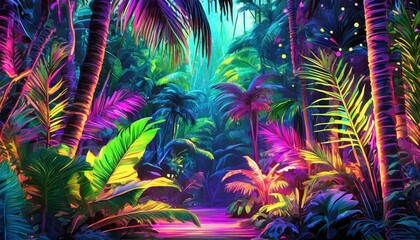 palm tree leaves wallpaper Colorful Neon Light Tropical Jungle Plants in a Dreamlike Enchanting Scenery