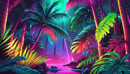 Fototapeta na wymiar tropical palm trees and sun, Colorful Neon Light Tropical Jungle Plants in a Dreamlike Enchanting Scenery