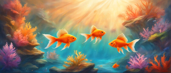 Fototapeta na wymiar Goldfishes swimming in the ocean. 