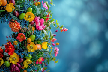 Vibrant Easter Wreath with Flowers and Speckled Eggs on blue background